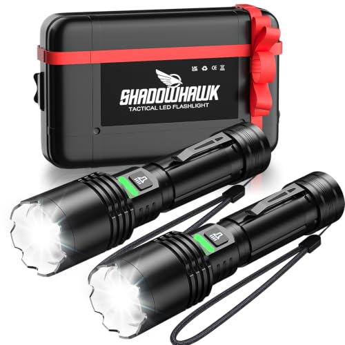 Shadowhawk 2 Stück LED Taschenlampe Aufladbar 500000 Lumen Extrem hell | Taktische Taschenlampe, 3mm dickwandiges Alugehäuse, 3 Modi, USB C und Clip, IP67, Zoom, für Camping, Outdoor, Notfall