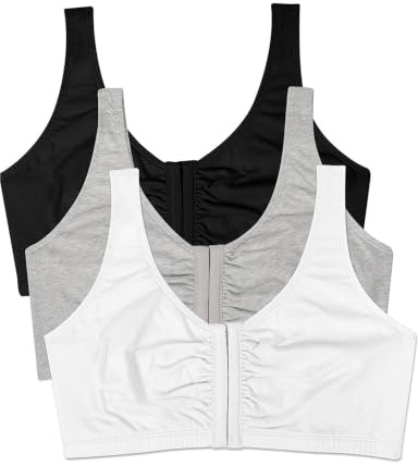 Fruit of the Loom Women's Front Close Builtup Sports Bra, Black/White/Heather Grey 3-Pack, 34