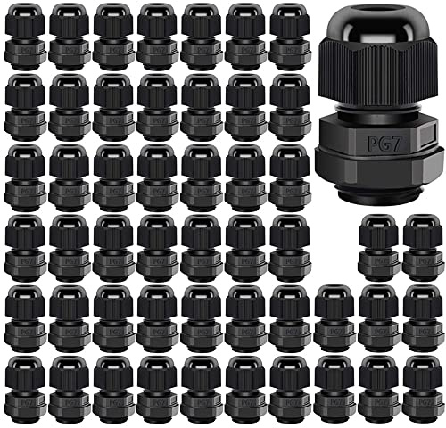 Gebildet Cable Gland, PG7 Plastic Waterproof Adjustable 3-6.5mm Cable Gland Joint with Gaskets, M12*1.5 Wire Connector, Wire Protector (Pack of 50, Black)
