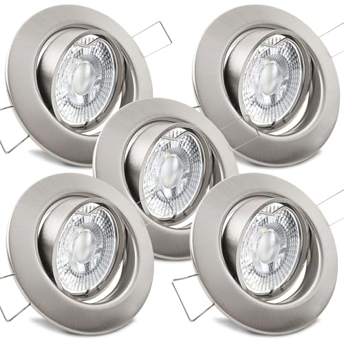trendlights24 Decora LED Einbaustrahler flach 3 Step dimmbar 230V 5W 5x Set | Edelstahl Optik, rund, extra flach, 35mm ET, Spot, 3 Stufen dimmbar, Warmweiß, 3000k, austauschbar, Deckenspot, schwenkbar