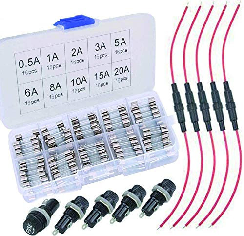 VISSQH 160Pcs 5x20mm Fast blow Glass Fuses +5pcs 5x20mm Panel Mount Fuse Holder +AGC Fuse Holder Inline Screw Type ，Quick Blow Car Glass Tube Fuses Kit(0.5A 1A 2A 3A 5A 6A 8A 10A 15A 20A)