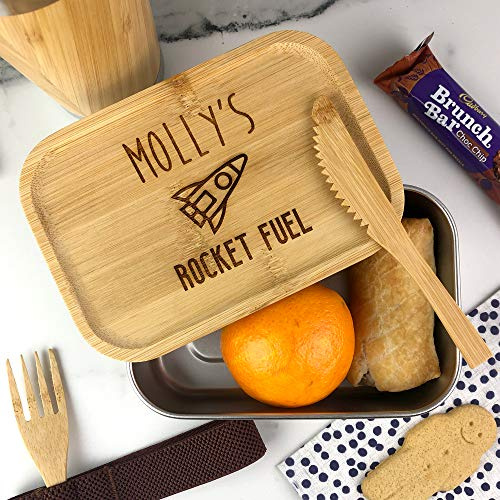 eBuyGB Personalised Metal Lunch Box, Eco Friendly Food Container with Reusable 2 Piece Wooden Cutlery and Lid, Kids Lunch Bag, Rocket Fuel Lunch Containers, School Dinner Box