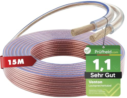 VENTON [Test SEHR GUT, Note 1.1] 15m VOLLKUPFER HQ Lautsprecherkabel 2x2,5 mm², Passiver Subwoofer Kabel, Lautsprecher Audio Kabel, Kupfer Boxenkabel für HiFi Anlage Surround Sound System Auto