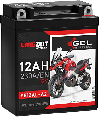 LANGZEIT YB12AL-A2 GEL Motorradbatterie 12V 12Ah 230A/EN 51213 GEL12-12AL-A YB12AL-A Gel Batterie 12V doppelte Lebensdauer vorgeladen auslaufsicher wartungsfrei ersetzt 10Ah