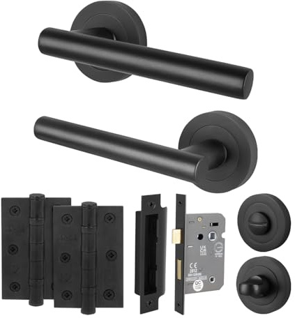 EAI Black Bathroom Door Handles with Lock Set, 1 Pair of Internal Matt T-Bar Round Rose Door Handles, Lock 64mm, Hinges 64mm - Oliena Range