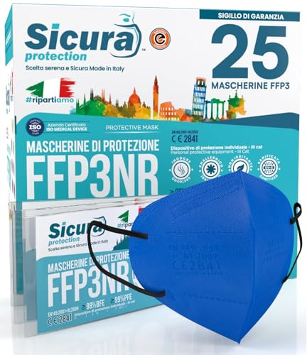 25 Mascherine FFP3 Certificate CE BLU COBALTO elastici Neri Made in Italy logo SICURA impresso PFE ≥99% BFE ≥99% Mascherina SANIFICATA sigillata singolarmente