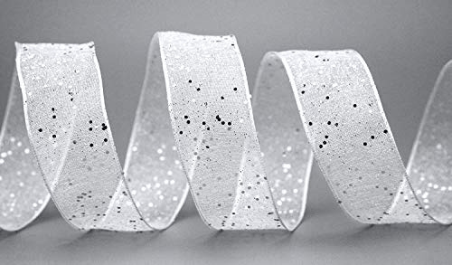 finemark 3 m x 40 mm Dekoband Glitzer Weiss Silber Stoffband Transparent glänzend Organza mit Drahtkanten elegant Weihnachten Advent Geburtstag Premium Glitter Ribbon Chiffon Chiffonband Draht