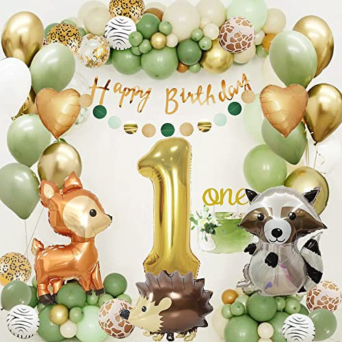 1 Geburtstag Junge Mädchen, Dschungel Kindergeburtstag Deko 1 Jahr, Grüne Luftballon 1 Geburtstagsdeko, Wild One Geburtstagsdeko, Wild One Waldtiere Alles Gute zum Banner für Kinder Deko