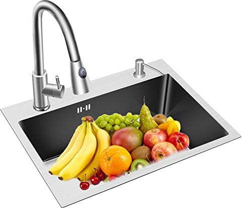 Spültisch Edelstahl mit 1 Becken Spülbecken Einbauspüle Gastro Spüle Küchenspüle Einfache Installation Flächenbündig & Unterbau,Handwaschbecken Waschbecken Küche Küchenarmatür Flexible Armatur ( Size