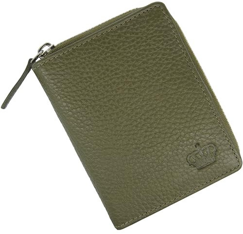 Baur Damen Geldbörse Echt Leder Geldtasche | Geldbeutel mit RFID Schutz | kleines Portemonnaie viele Kartenfächer | Wallet mit Druckknopfverschluss & Reißverschluss-Compartment (Olive)