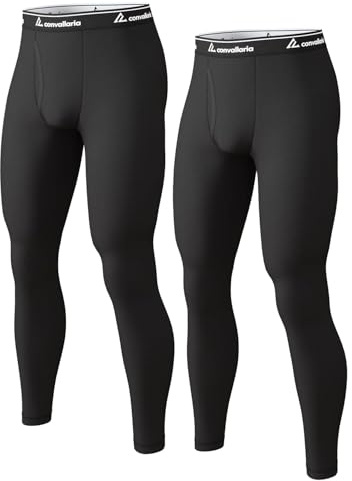 Men Thermal Leggings For Winter Ski Underwear Bottoms 2pc Black-Black L