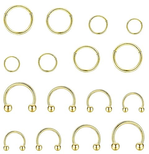 JeweBella 16 Stück 16G Nasenpiercing Ring Chirurgenstahl Knorpel Creolen Silber/Gold Segment Clicker Nasenringe Hufeisen Lippe Augenbrauen Septum Conch Tragus Helix Piercing Ring 6-12mm