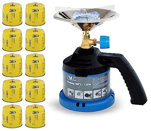 Z.M.C Campingkocher + 10 Gaskartuschen 190g, Gaskocher mit Griff für Camping, Kohleanzünder Outdoor, Kartuschenkocher für Stechkartusche, Kleiner Gasgrill