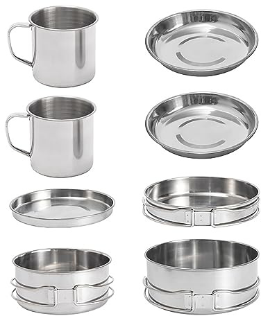 Creperture Lot de 8 Ustensiles de Camping Portables en Acier Inoxydable avec Tasses, Assiette, Casserole, Poêle, Ustensiles de Cuisine pour Camping, Pique-nique, Randonnée