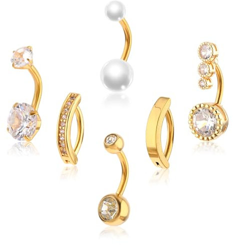 Yolev 6 Stück Bauchnabelpiercing Ring Gold 10mm Chirurgenstahl Nabelring mit Streifen Durchbohrt Piercing Bauchnabel Piercing Runde Mauerwerksperle Personalisierbar Modisch Bequem Nabelpiercing