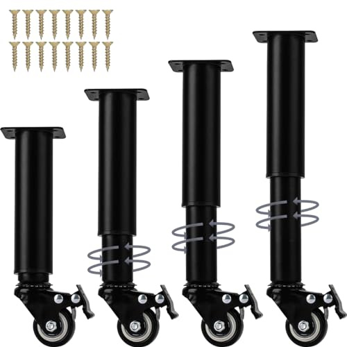5.6-7.2 Inch / 14-18cm Metal Adjustable Furniture Legs with Swivel Caster Wheels, 4Pcs Heavy Duty Replacement Support Legs for Cabinet/Storage Shelf/Chair/Dresser/Coffee Table