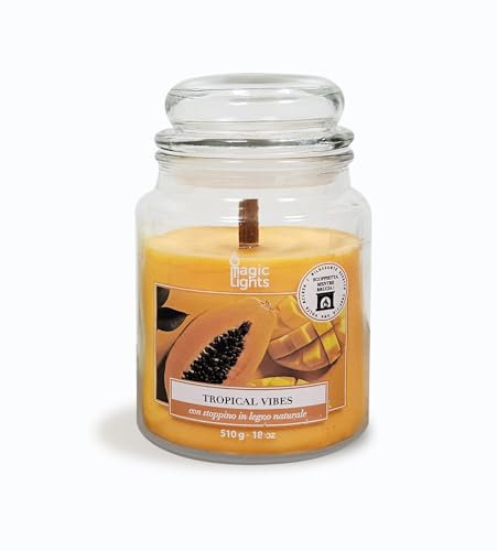 Magic Lights - Candela giara 510 gr Tropical Vibes - Papaya - Mango con cera vegetale min. 75% - stoppino in legno naturale che scoppietta, Made in Italy