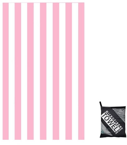 160x90cm Pink Stripe Beach Towels in a Bag Large Microfibre Thin Beach Towel for Adults,Quick Dry Sand Free Light Bath Towel Pool Towel for Men Women,Bathroom,Holiday,Yoga,Gym Sports,Swimming