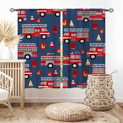 Feuerwehrwagen-Vorhänge für Jungenzimmer, Cartoon-Feuerwehrauto, Fahrzeug, Feuerwehrmann, blau-rot, Fenstervorhänge, Behandlungen für Kinder, Jungen, Mädchen, Teenager, Schlafzimmer, Wohnzimmer,