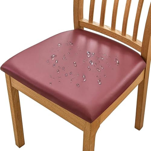 DEZYPZAM Stuhlhussen, Esszimmerstuhl Sitzbezüge, Esszimmer Stuhlhussen, PU Leder Stuhlbezug, Stuhlbezug Sitzfläche, Stretch Sitzbezüge (Weinrot,4 Stück)