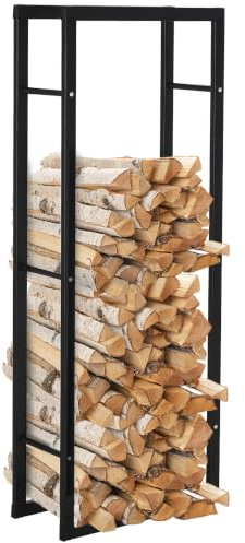 HOMCOM Soporte para Leña Metálico Interior y Exterior 60x25x150 cm Negro | Organizador para Leña, Estante de Leña, Carga 100 kg