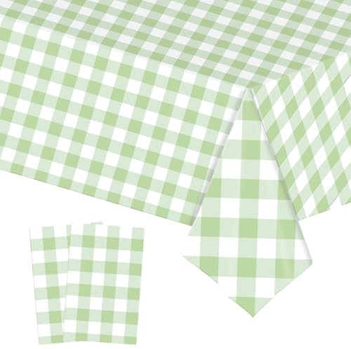 2pcs Sage Green White Checkered Table Cloth Party, 137*274cm Plastic Table Cloth Wipe Clean,Gingham Pvc TableCloth Rectangular Waterproof Plaid Table Cover for Birthday Wedding Baby Shower Party