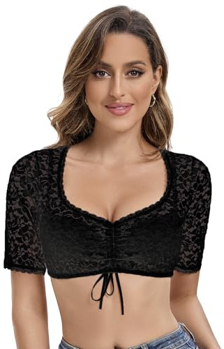 Goxozzy Dirndl Bluse Damen Oktoberfest Trachtenbluse Elegant Spitze Kurzarm Weiß Schwarz Größen 34-44