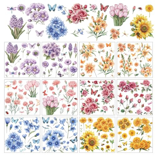 arricraft 12 Blatt Blumen Abziehbilder Zum Aufreiben Zum Basteln Transferaufkleber Mit Blumenzweigen Und Insekten PVC Zum Aufreiben Für Heimwerker Möbel Fenster Holz 14x14cm