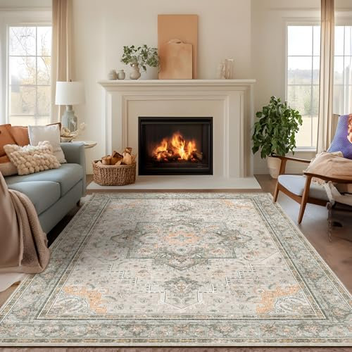 BSGIFT Waschbarer Teppich Wohnzimmer 120x160 Boho Kurzflor Teppich rutschfest für Esszimmer Schlafzimmer Küche Weicher Carpet, Vintage Beige