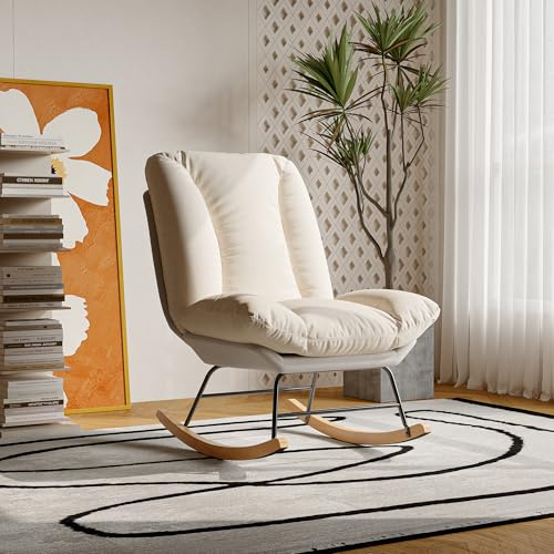 Mokylor Schaukelstühle, moderner gepolsterter Gleiterstuhl mit weich gepolstertem Kissen, verstellbare Rückenlehne, Höhe, Liegestuhl, Relaxsessel mit Holzkufen für Wohnzimmer, Schlafzimmer, Büro