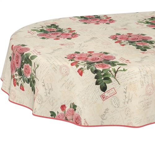 ANRO Wachstuchtischdecke Wachstischdecke Wachstuch Tischdecke abwaschbar Gartentischdecke Postkarte Rosen Oval 220x140cm mit Saum (Eingefasst)