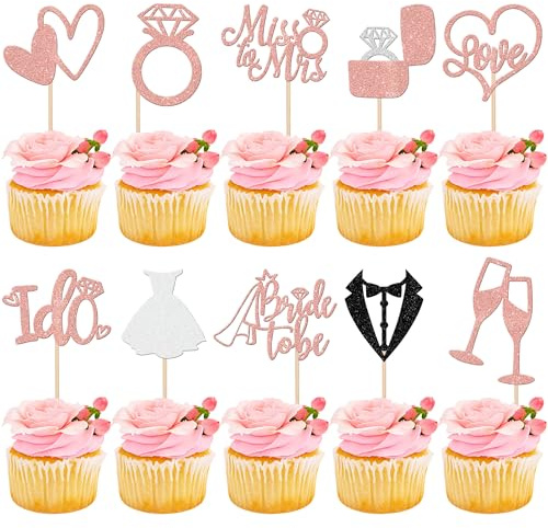 Cupcake-Aufsätze mit Aufschrift Bride to Be, Miss to Mrs I Do, Herz-Ring, Cupcake-Picks, Hochzeit, Brautparty, Kuchendekorationen für Hochzeit, Verlobung, Junggesellinnenabschied, Roségold, 30