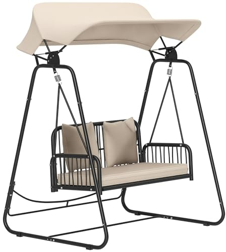 Balançoire hollywoodienne en rotin Outsunny Balançoire de Jardin 2 Places avec Coussin réglable pour Toit Solaire Balançoire Suspendue jusqu'à 240 kg Balançoire pour Jardin Balcon 149 x 121 x 180 cm