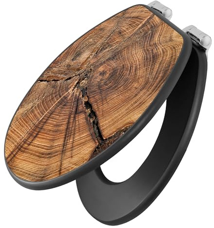 banjado WC Sitz Holzoptik - mit Absenkautomatik Softclose - 38 x 46,5cm O-Form - MDF Holz Toilettendeckel anthrazit - Klositz grau pflegeleicht für Badkomfort Motiv Jahresringe