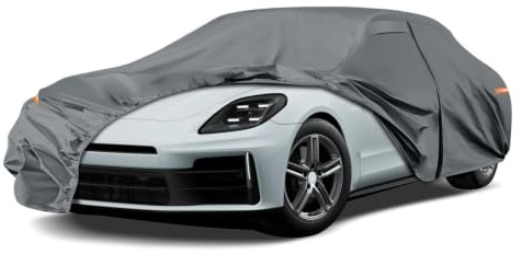 Autoabdeckung Wasserdicht für Porsche Panamera 2010–2026, Grau | Vollgarage Autoplane Auto Abdeckplane Winter Sommer Allwetter Outdoor Abdeckung mit Reißverschluss Tür, Windschutzbänder