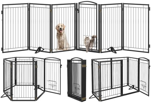 Metal Freestanding Dog Gate with Cat Door for Indoor&Outdoor,120 Extra Wide Foldable Pet Gate,36 Tall Foldable Indoor Dog Fence for Wide Openings Stairs,Deck,Yard,Doorways(6 Panels,Black)