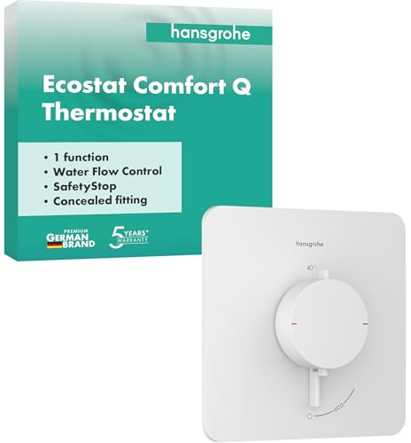 hansgrohe Ecostat Comfort Q - Mitigeur de douche thermostatique, Robinet de douche encastré avec arrêt de sécurité (SafetyStop) à 40°C, Thermostat 1 sortie, Blanc mat, 33712700