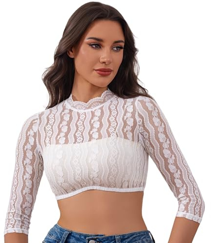 Adisno Dirndl blus dam, Dirndlblus, Dirndl-blus, Dirndlblus spets, Dirndlblus långärmad, Dirndlblus högstängd med spets, Vit, 36