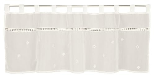 Sehlbach Cortina de bistró, Bordado Rombos y Encaje, Blanca, 135x45 cm, Traslúcida, Ofrece privacidad, Certificado Oeko-Tex, Decoración Sencilla