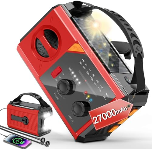 27000mAh Wind Up Radio with Solar, Hand Crank, Battery Power, Rechargeable Emergency radio with FM/AM, Bluetooth-compatible 5.0, SOS Alarm, Torch, Reading Light for Camping, Hiking, Survival