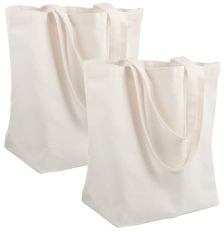 Fourindo 2er Pack Baumwolltasche unbedruckt, 45×35×15 cm Naturbeige - DIY Jutebeutel Stoffbeutel zum Bemalen | Wiederverwendbar mit langen Henkeln