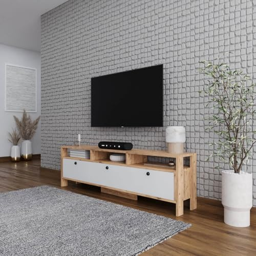 Smart Home Art TV-Lowboard 180 cm mit 3 Tueren & Ablagen – Modernes TV-Moebel in Weiss & Atlantik-Kiefer Optik, Fuer Fernseher bis 75 Zoll