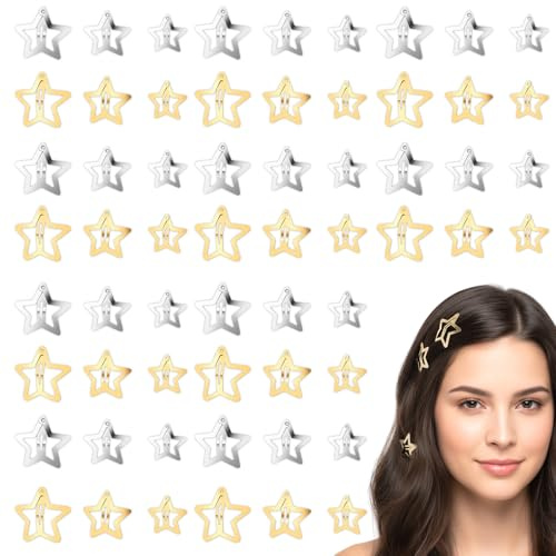 HJZHII 60Pcs Silver Gold Star Hair Clips, 2000s Y2K Snap Hair Accessories