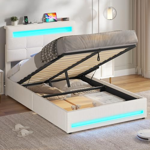 AOGLLATI Hydraulisch Stauraumbett 90×200cm, Polsterbett Doppelbett mit LED und USB-Ladefunktion, Funktionsbett Jugendbett mit Stauraum und Lattenrost, Linen,Ohne Matratze, Beige