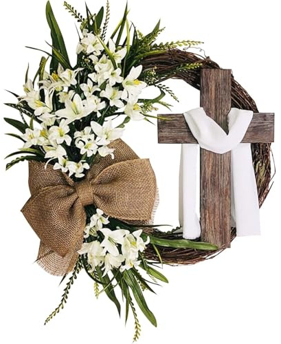 Türkranz Ostern Osterdeko Osterkranz Haustür Kranz mit Leinen Schleife Jesus Christus Kreuz Lily Deko Türkranz Ganzjährig Frühling Tür Deko Ostern Deko Frühlingskranz (Weiß)