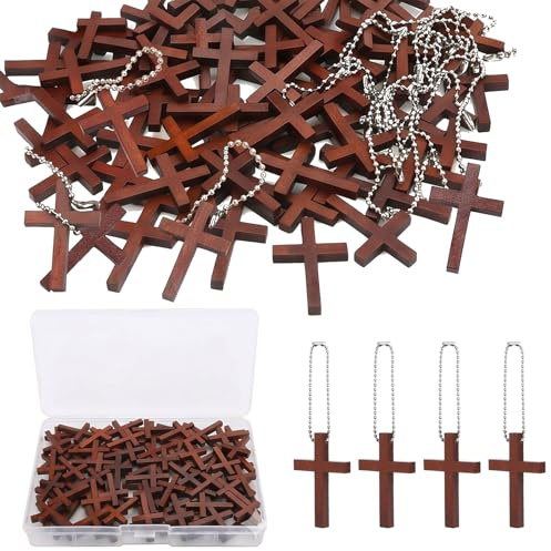 Xuwajeyu Holzkreuz Handschmeichler Set 50 Stück, Kleine Holzkreuze mit Kette, Kreuz Holz Gebetskreuz Deko Anhänger Christliche Geschenke