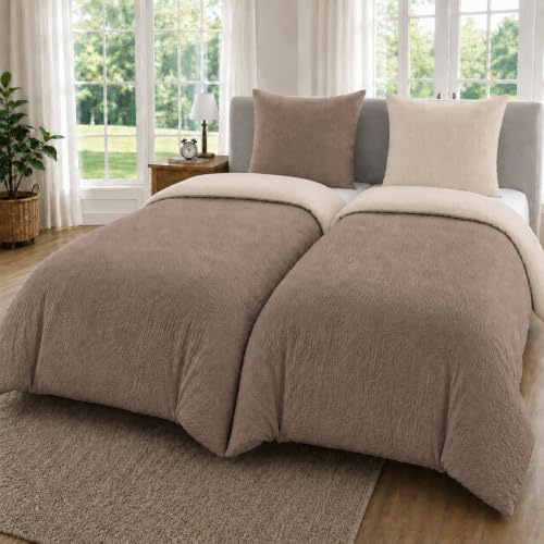 MALIKA 4-teilige Seersucker Bettwäsche 135x200 – Mikrofaser Oeko-TEX, 2 Bettbezüge 135x200 & 2 Kissenbezüge 80x80, Reißverschluss, weich & bügelfrei – Beige-Taupe