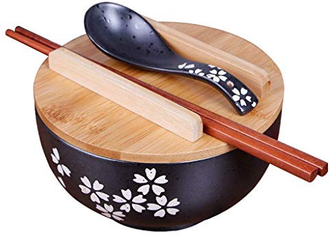 Happiness Tableware LIXUE Japanische Art Retro Keramik Schüssel schwarz Ramen Suppe Nudel Schüssel mit Deckel und Stäbchen Hand gezeichnet Obstsalat Schüssel Geschirr