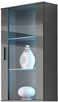 Hängevitrine SOHO Hängeschrank Wandvitrine mit Blauer LED Beleuchtung (Grau/Grau Hochglanz)