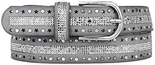 Zakatte • Damen Nietengürtel aus Kunstleder mit Strass und Sterne BS035 (90 cm, Grau)